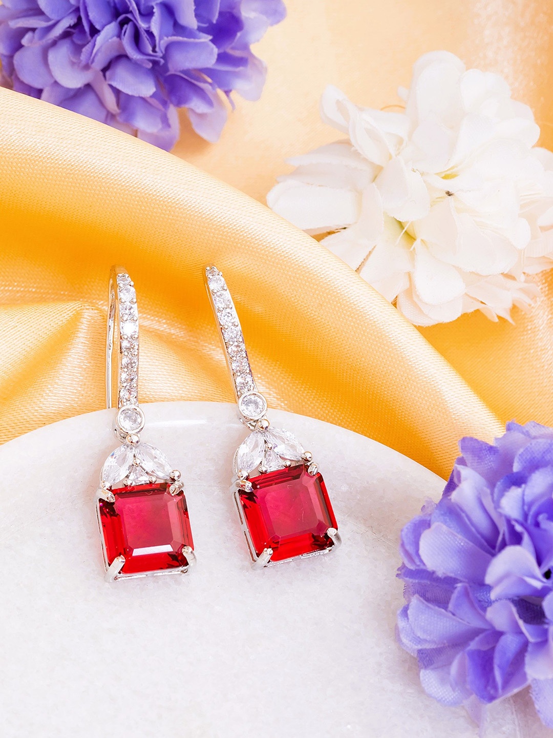 

Manikya Rhodium-Plated American Diamond Studded Square Drop Earrings, Red