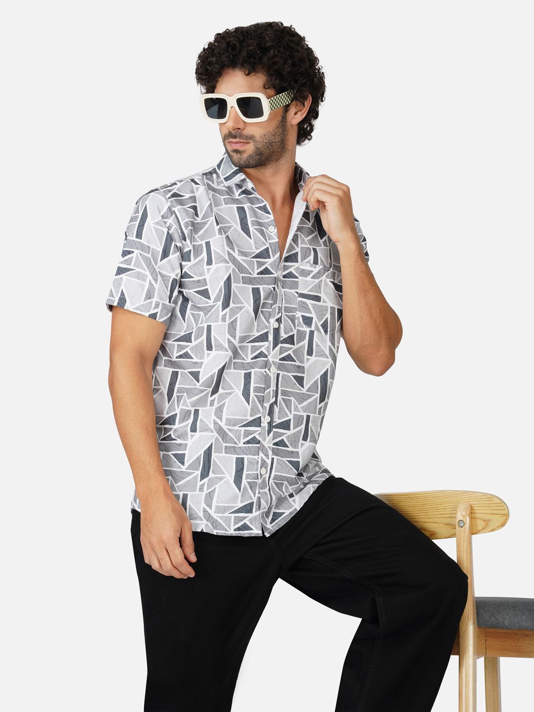 

BASE 41 Men Spread Collar Geometric Printed Casual Shirt, Grey