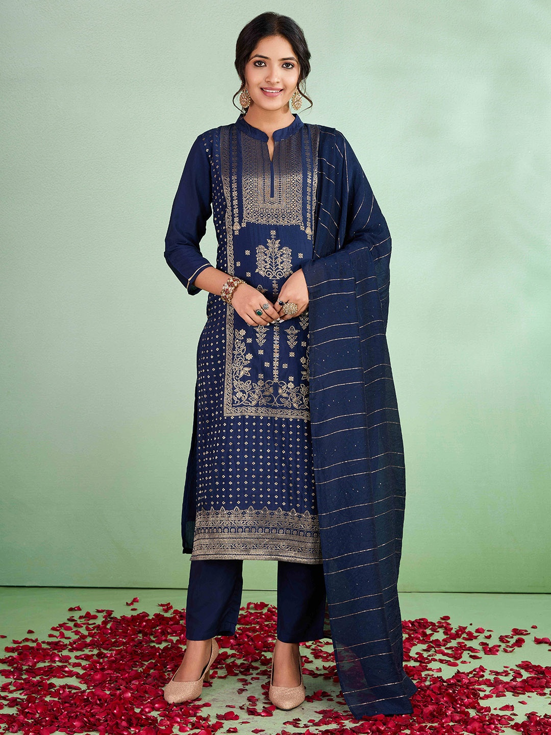

SUAAC Floral Woven Design Mandarin Collar Straight Kurta With Trousers & Dupatta, Navy blue