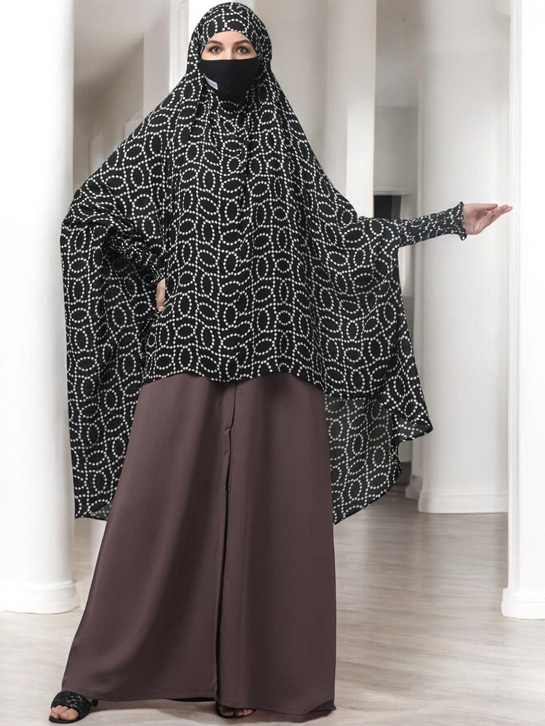 

MUSHKIYA Long Prayer Khimar With Attached Mouthpiece and Tie-Up Ribbons, Black