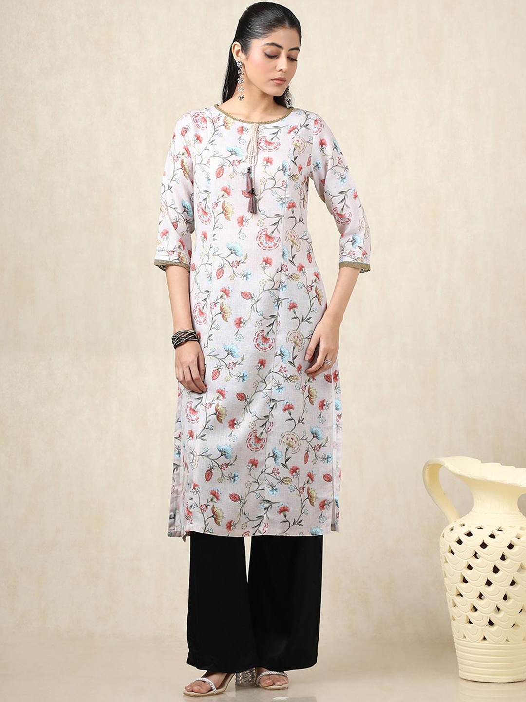 

Soch Floral Printed Tie-Up Neck Straight Kurta, Beige