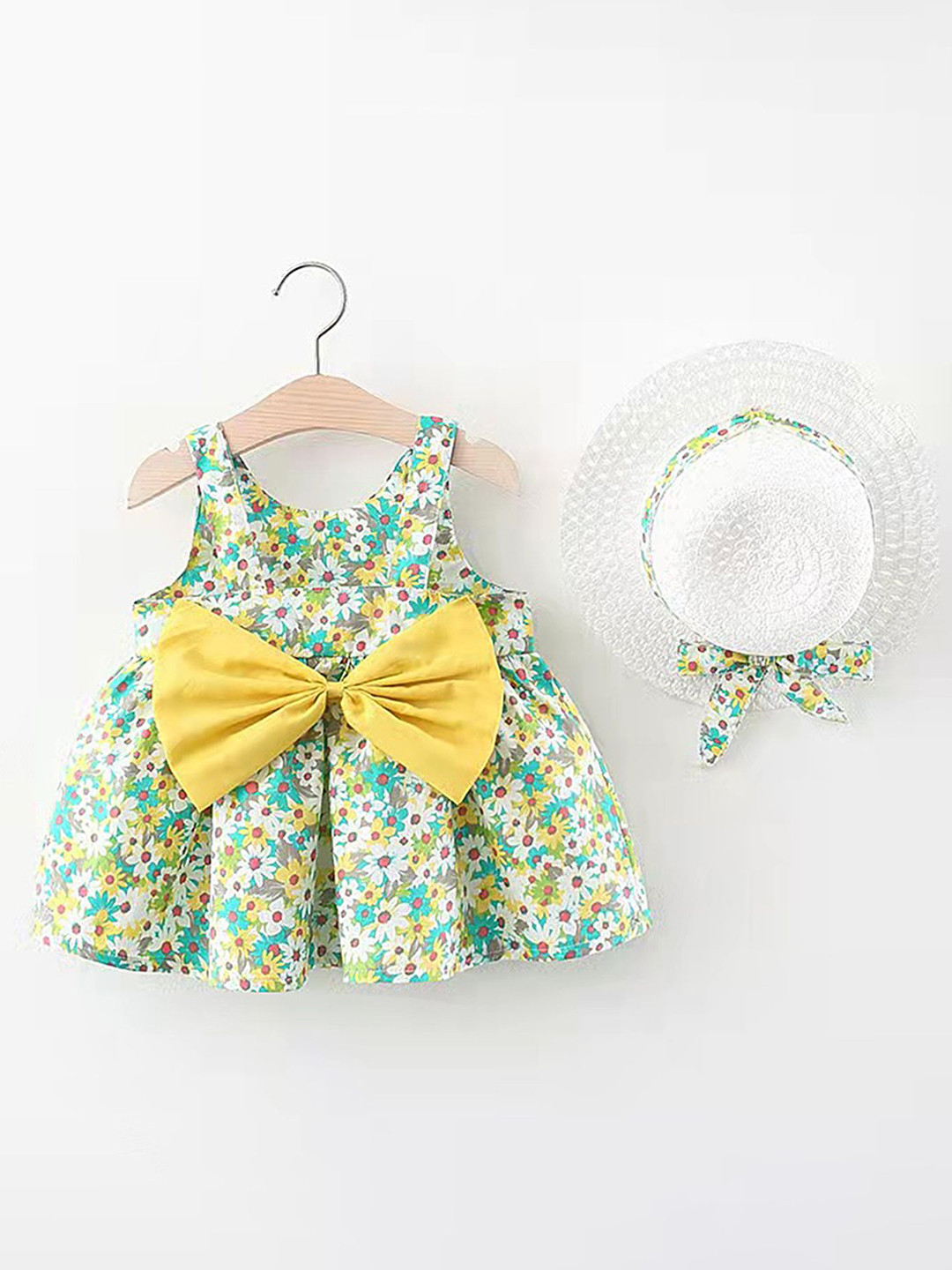 

LULU & SKY Girls Floral Printed Bow Applique Fit & Flare Dress, Yellow