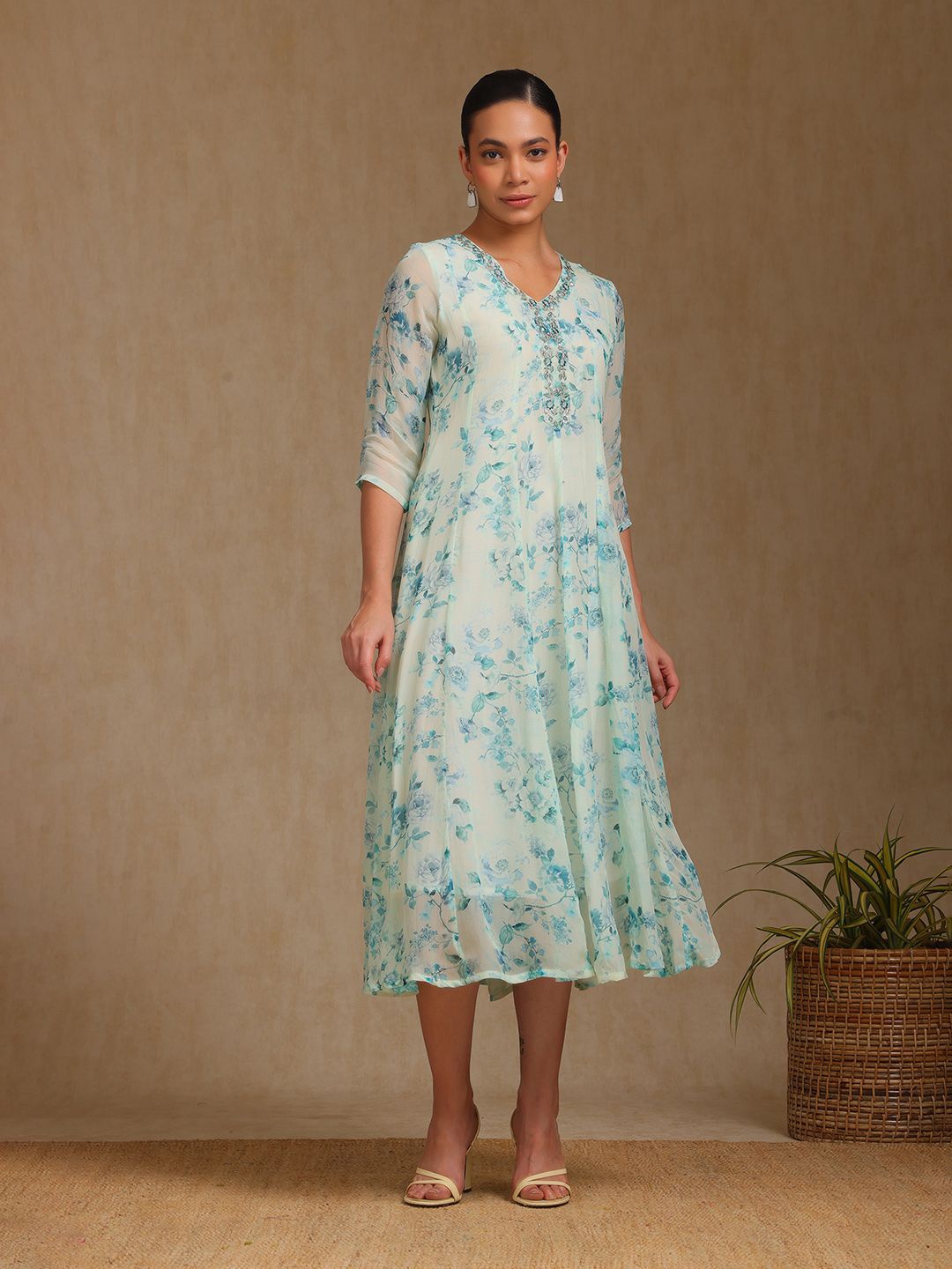 

Soch Women Floral Printed V-Neck A-Line Midi Dress, Green