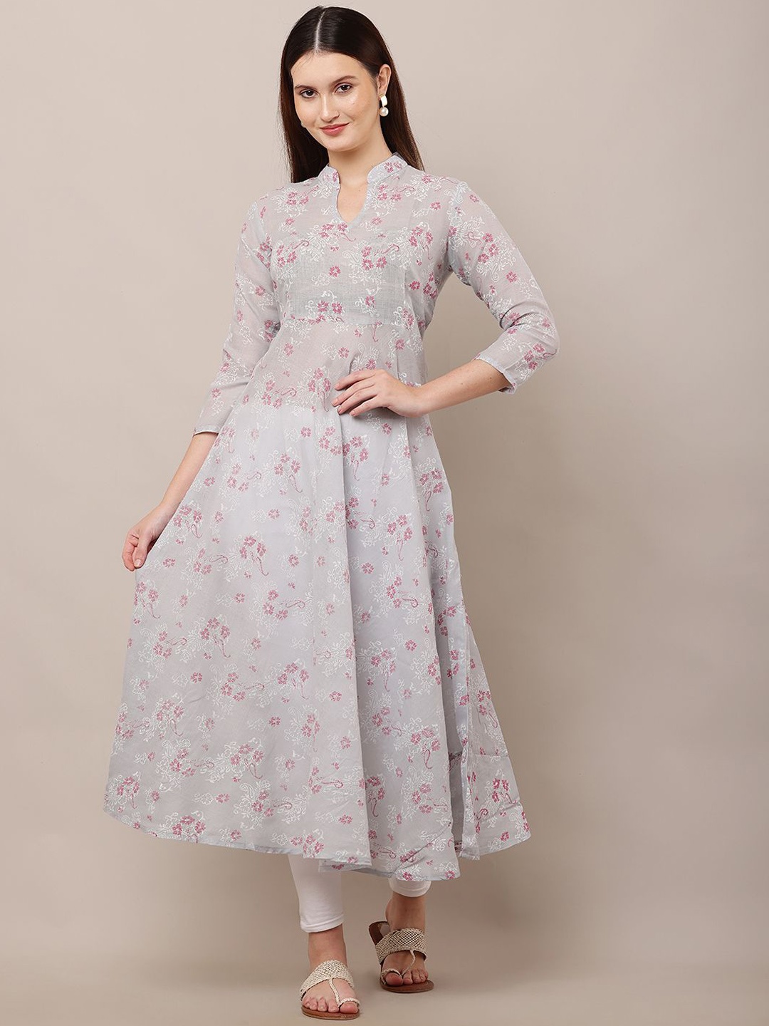 

DEGE Floral Printed Mandarin Collar Pure Cotton Anarkali Kurta, Grey