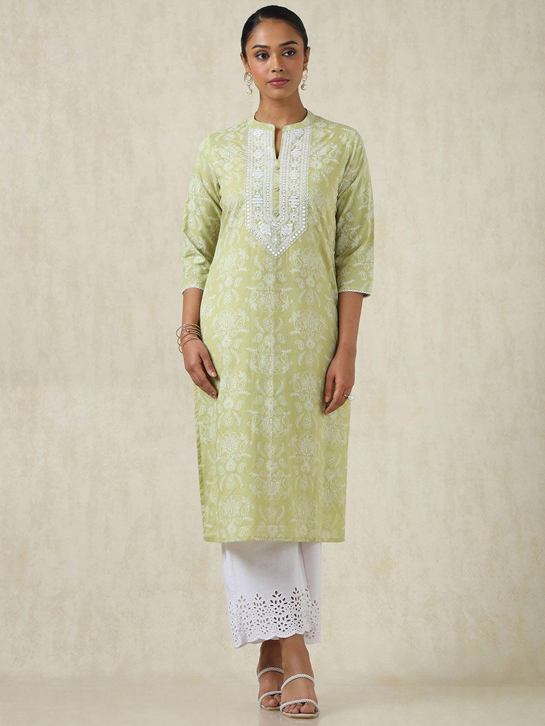 

Soch Floral Printed Cotton Thread Work Straight Kurta, Green