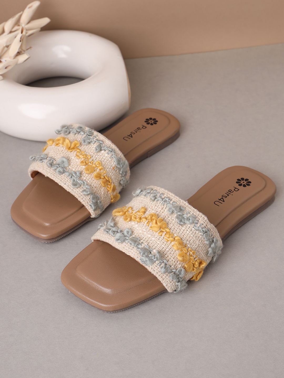 

Pairs4U Women Embroidered Open Toe Flats, Beige