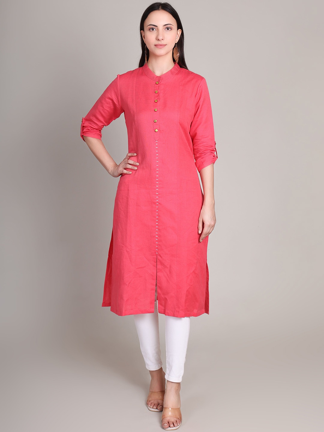 

DELIS Mandarin Collar Linen A-Line Kurta, Coral