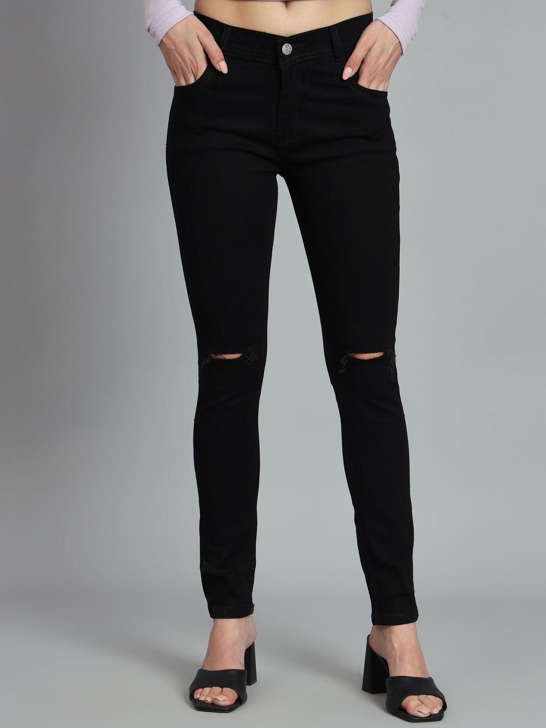 

LINARIA Women Classic Slim Fit Slash Knee Jeans, Black
