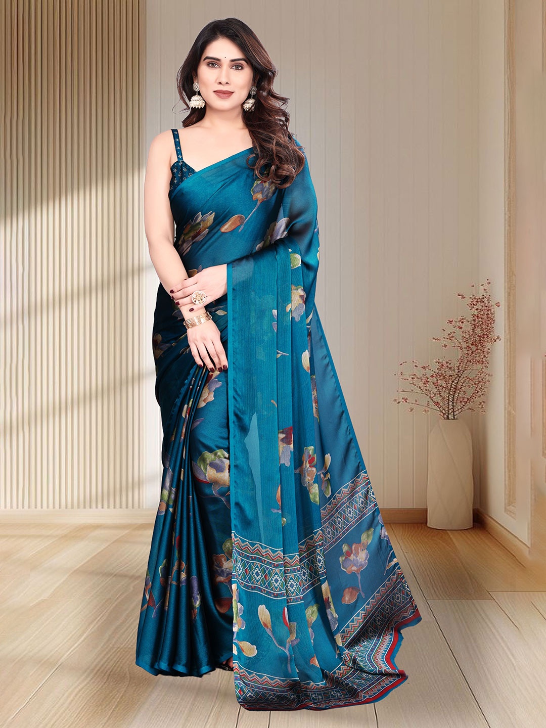 

Magneitta Pure Chiffon Floral Printed Saree With Unstitched Blouse Piece, Teal