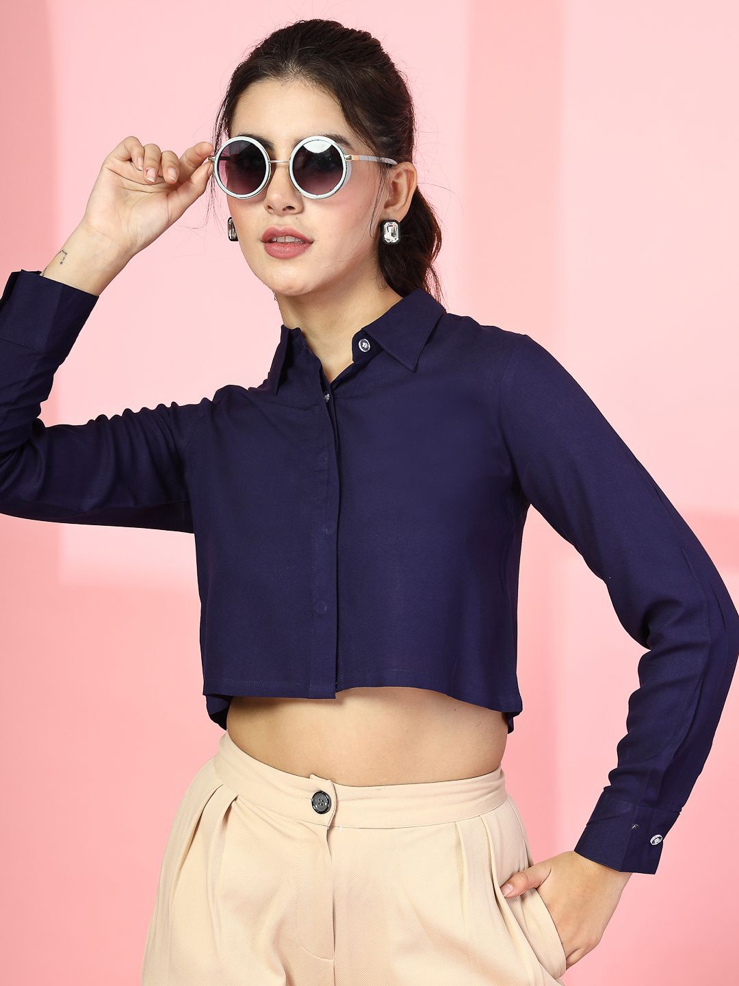 

DressBerry Women Relaxed Boxy Fit Spread Collar Solid Casual Shirt, Purple