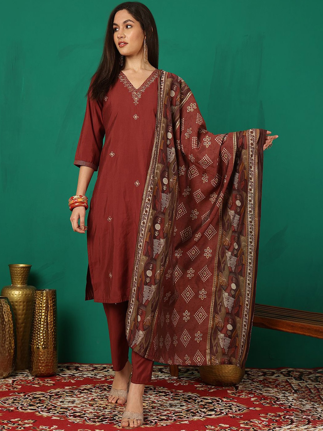 

Sangria Embroidered V-Neck Thread Work Pure Silk Straight Kurta With Trouser & Dupatta, Maroon
