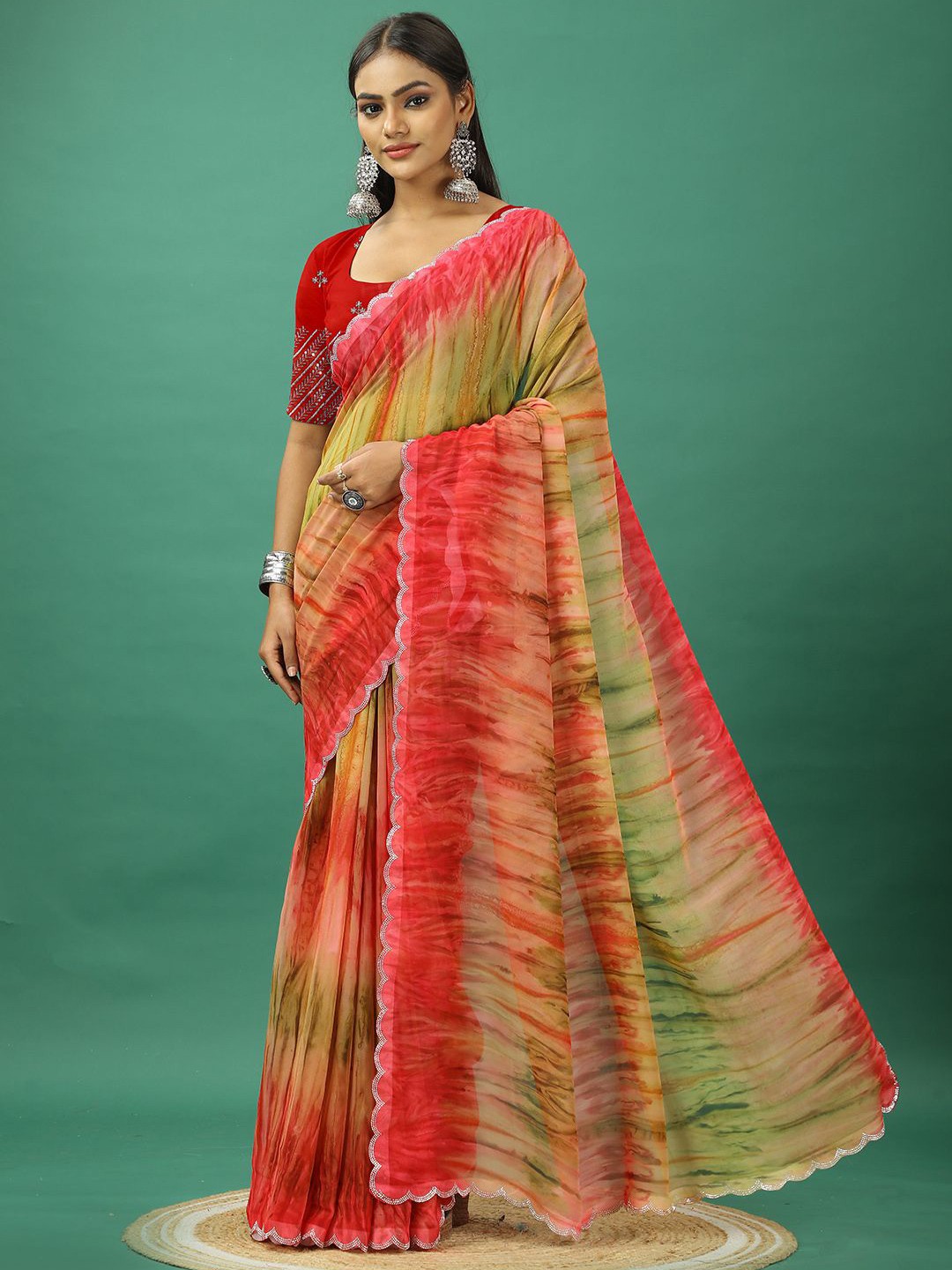 

VIRENDRA TEXTILES Printed Embellished Beads and Stones Pure Georgette Saree, Red