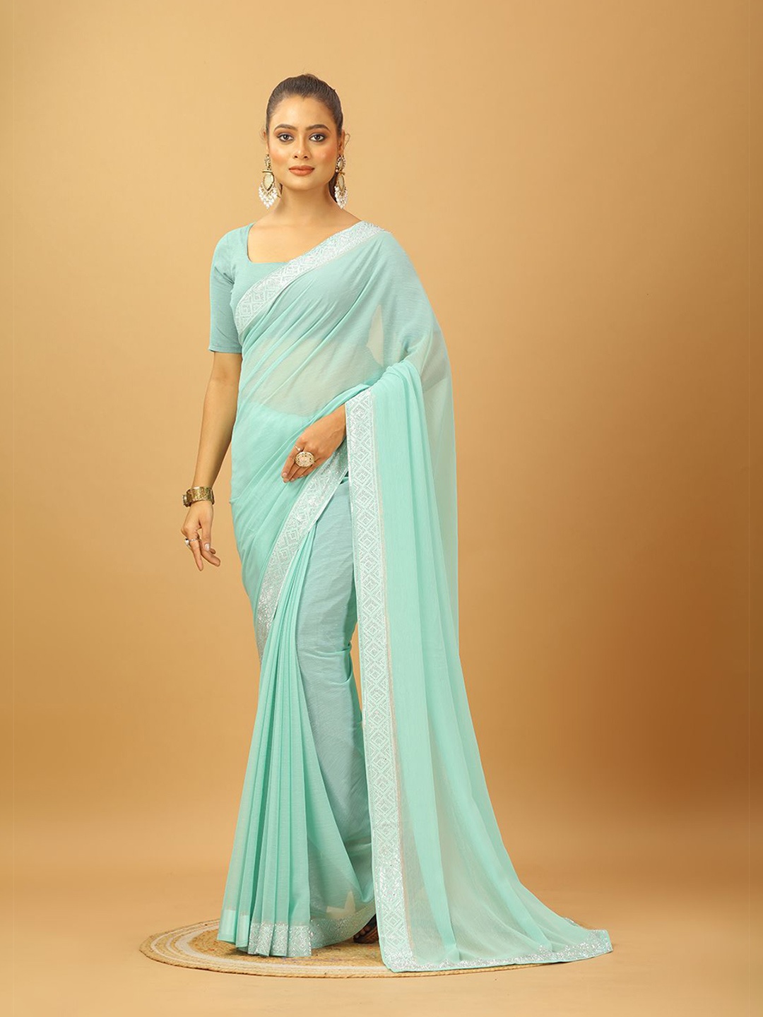 

VIRENDRA TEXTILES Beads and Stones Pure Chiffon Saree, Green
