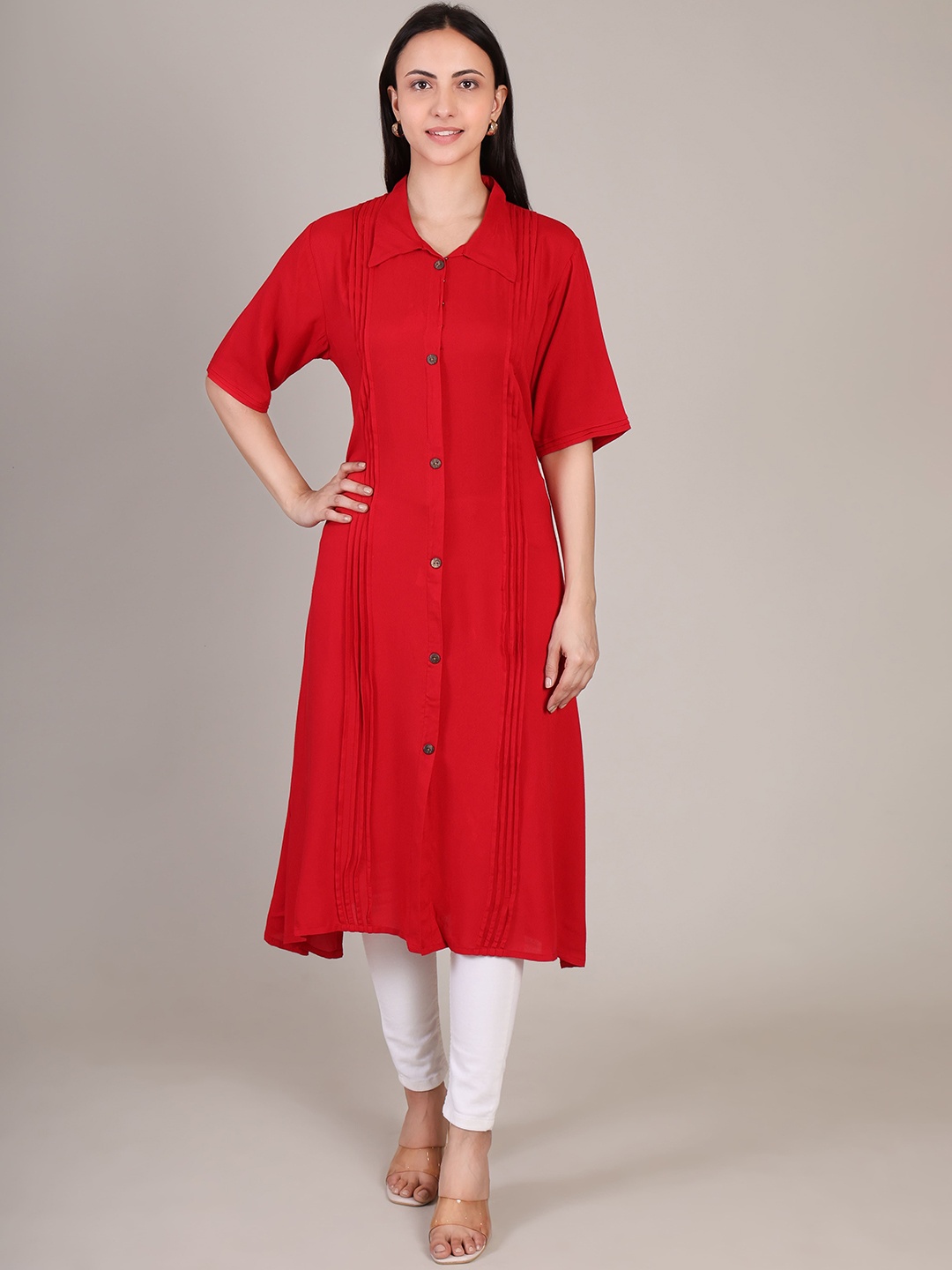 

DELIS Self Design Shirt Collar A-Line Kurta, Red