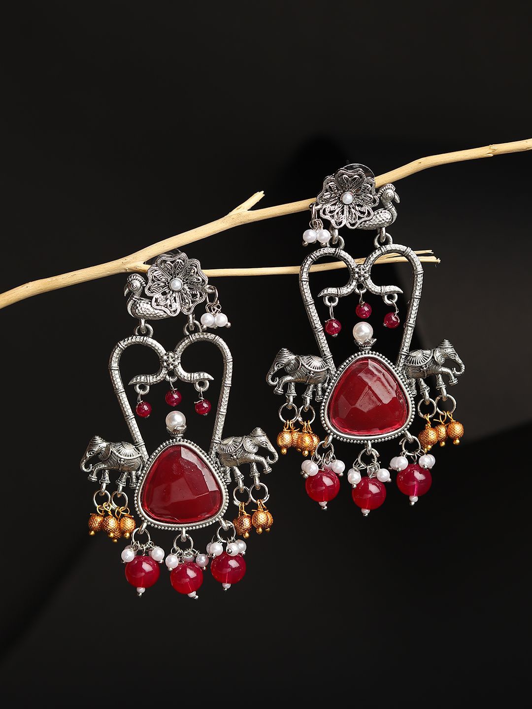 

RHOSYN German Silver-Plated Artificial Stones Studded & Beaded Drop Earrings