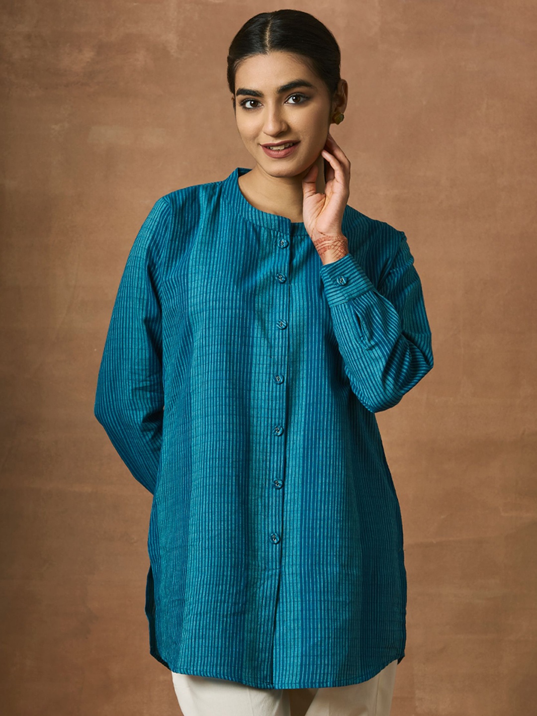 

WOMEN PLUS Blue Striped Pure Cotton Tunic