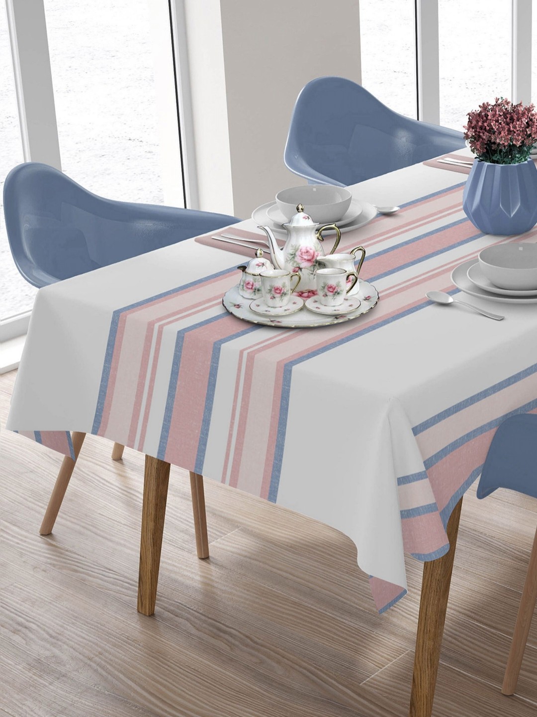 

HOME COLORS.IN Blue Striped 10-Seater 2.74 m x 1.53 m Cotton Table Cover