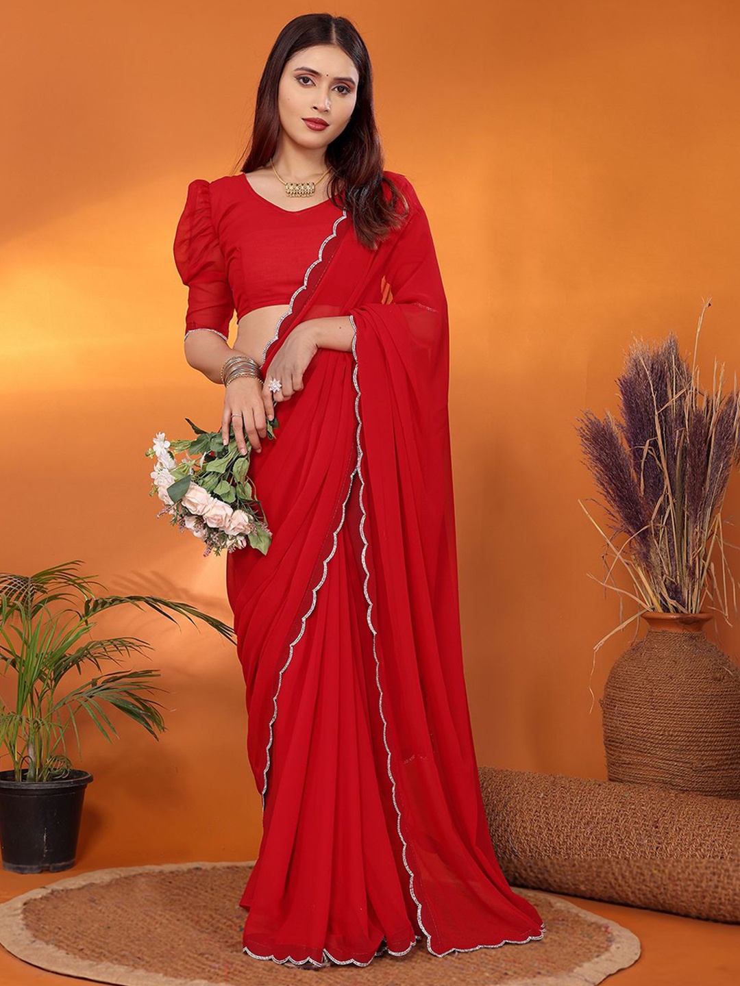 

FABMORA Embellished Beads and Stones Pure Georgette Saree, Red