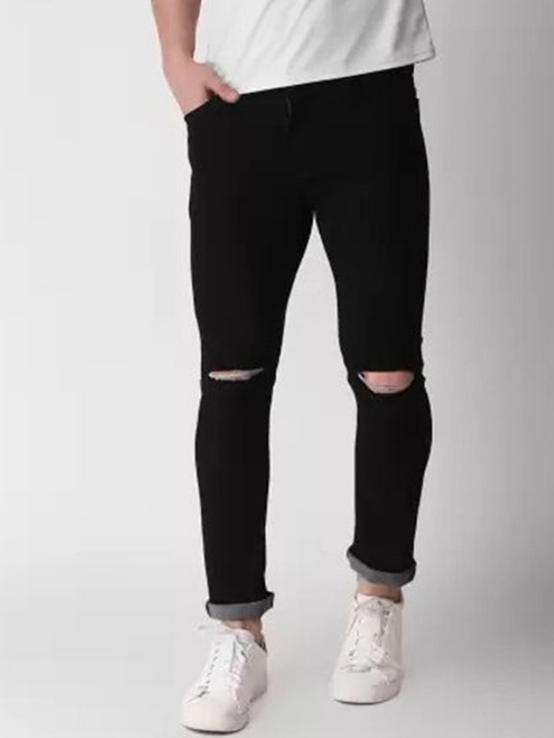 

LINARIA Men Classic Regular Fit Mid-Rise Slash Knee Jeans, Black
