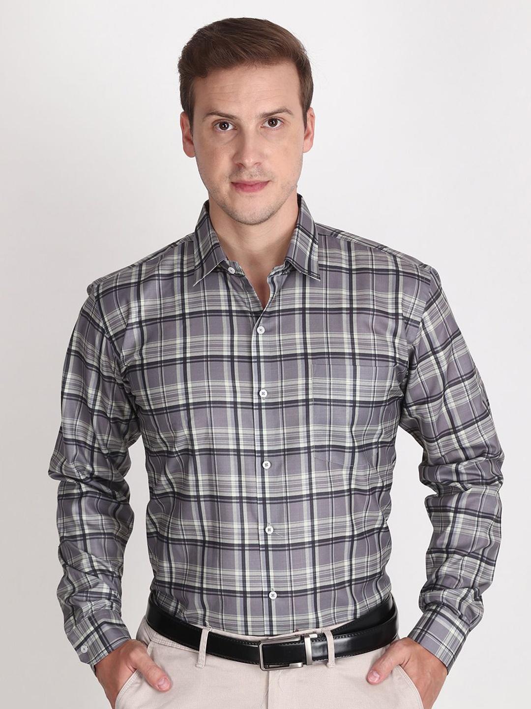 

APPEL TOUCH Men Comfort Regular Fit Spread Collar Tartan Checked Cotton Casual Shirt, Grey