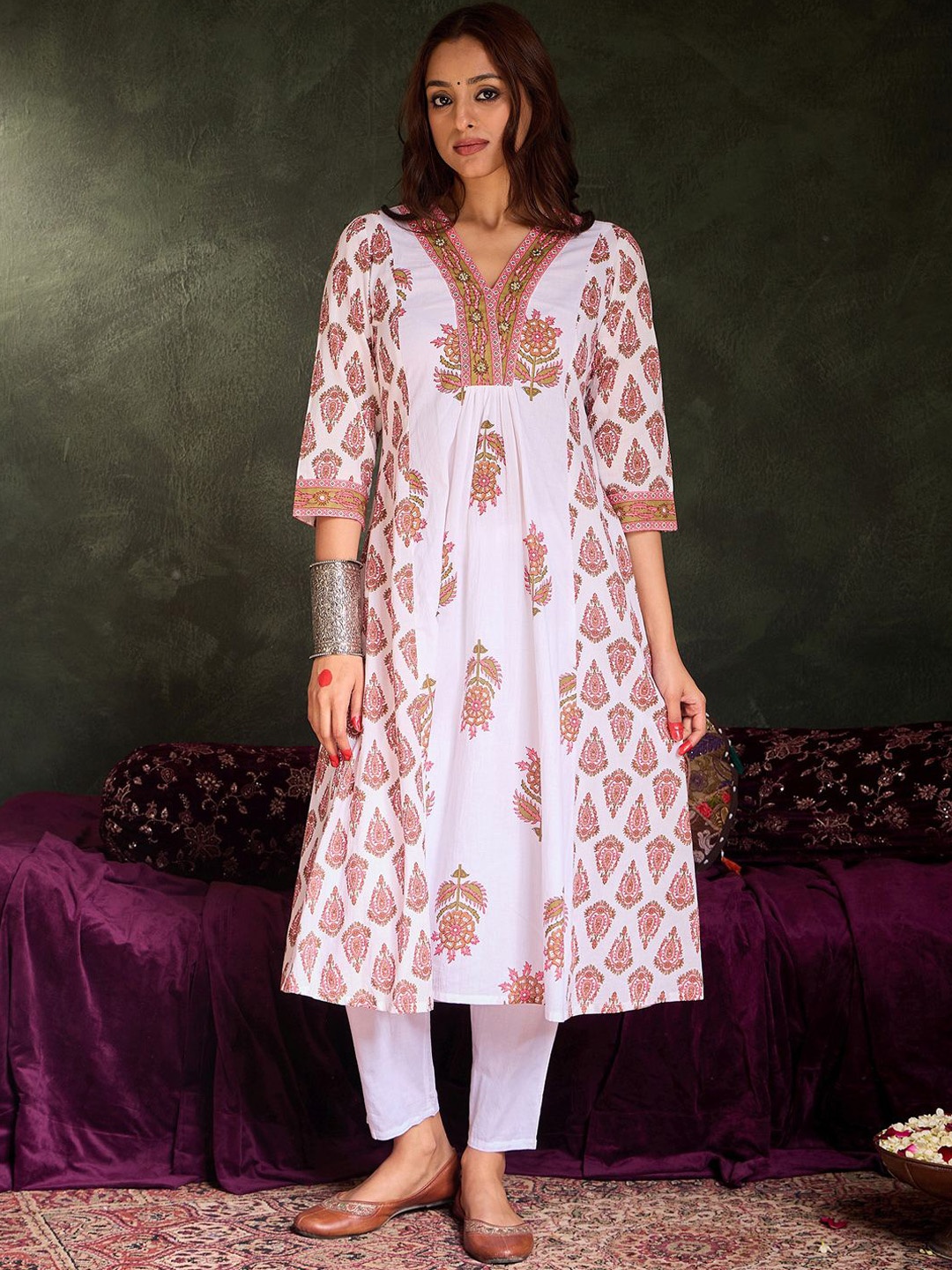 

Indo Era Floral Printed Panelled Pure Cotton A-Line Kurta With Trousers, White