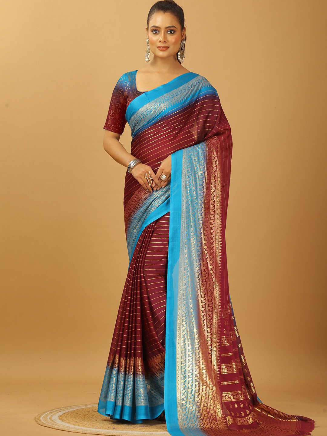 

VIRENDRA TEXTILES Striped Woven Design Zari Pure Crepe Saree, Brown