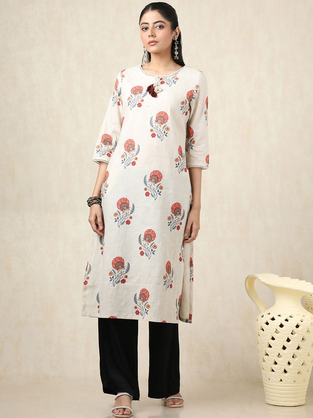 

Soch Floral Printed Round Neck Straight Linen Kurta, Beige