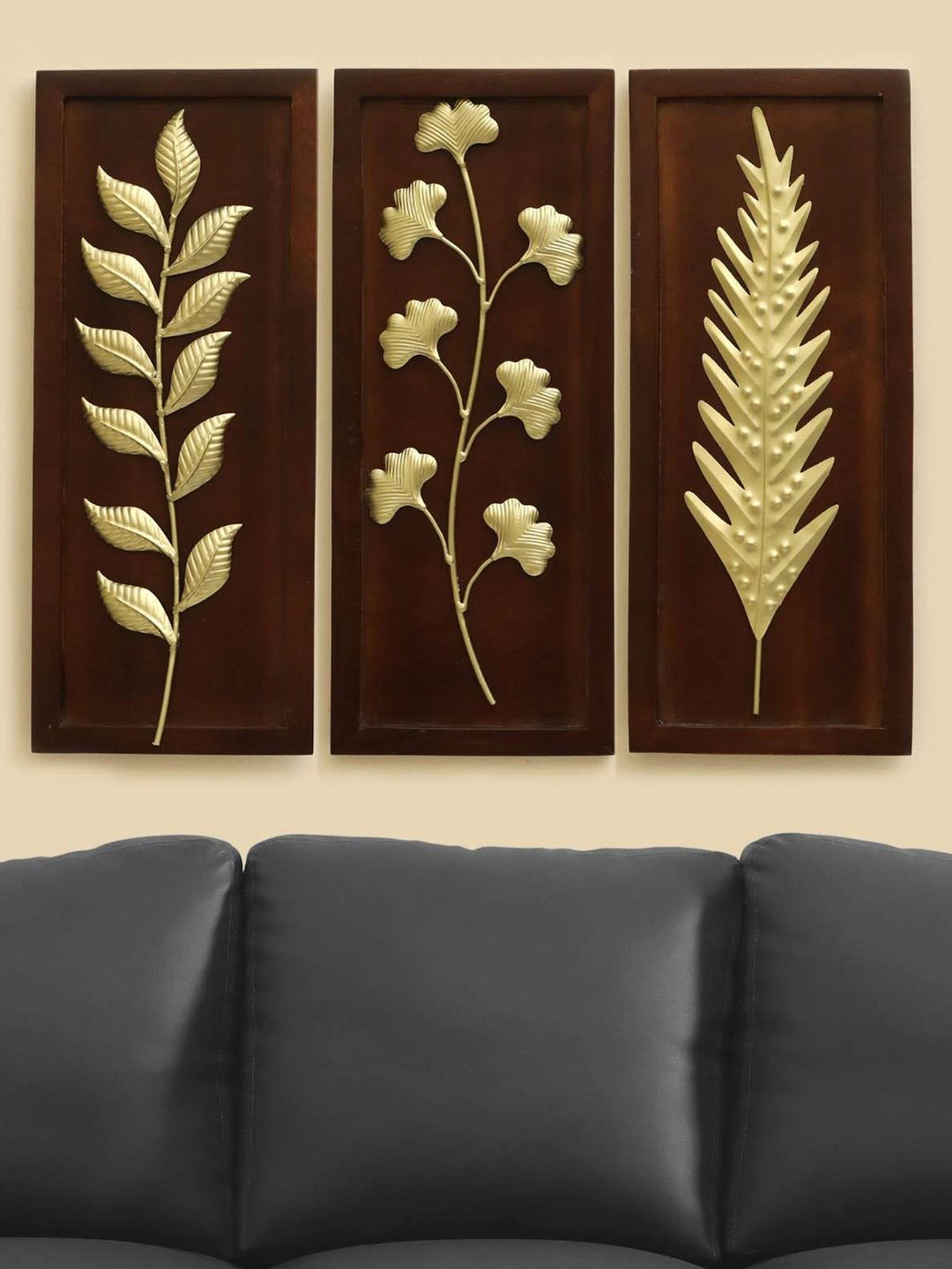 

vedas Mystical India Brown 3 Pieces W-Evan Austin Harper Leaf Wooden & Metal Wall Decors