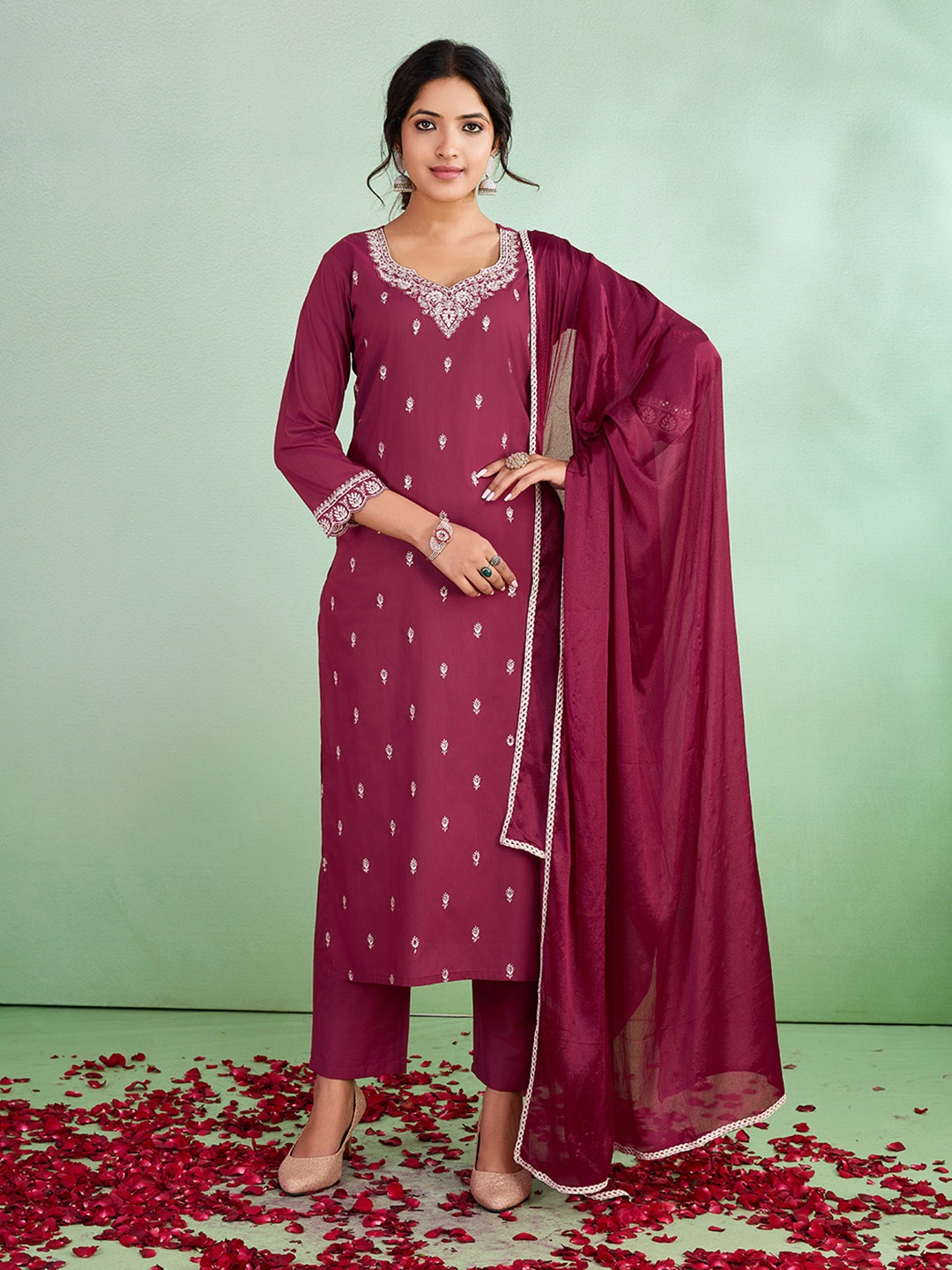 

SUAAC Floral Embroidered Sequinned Straight Kurta With Trousers & Dupatta, Pink
