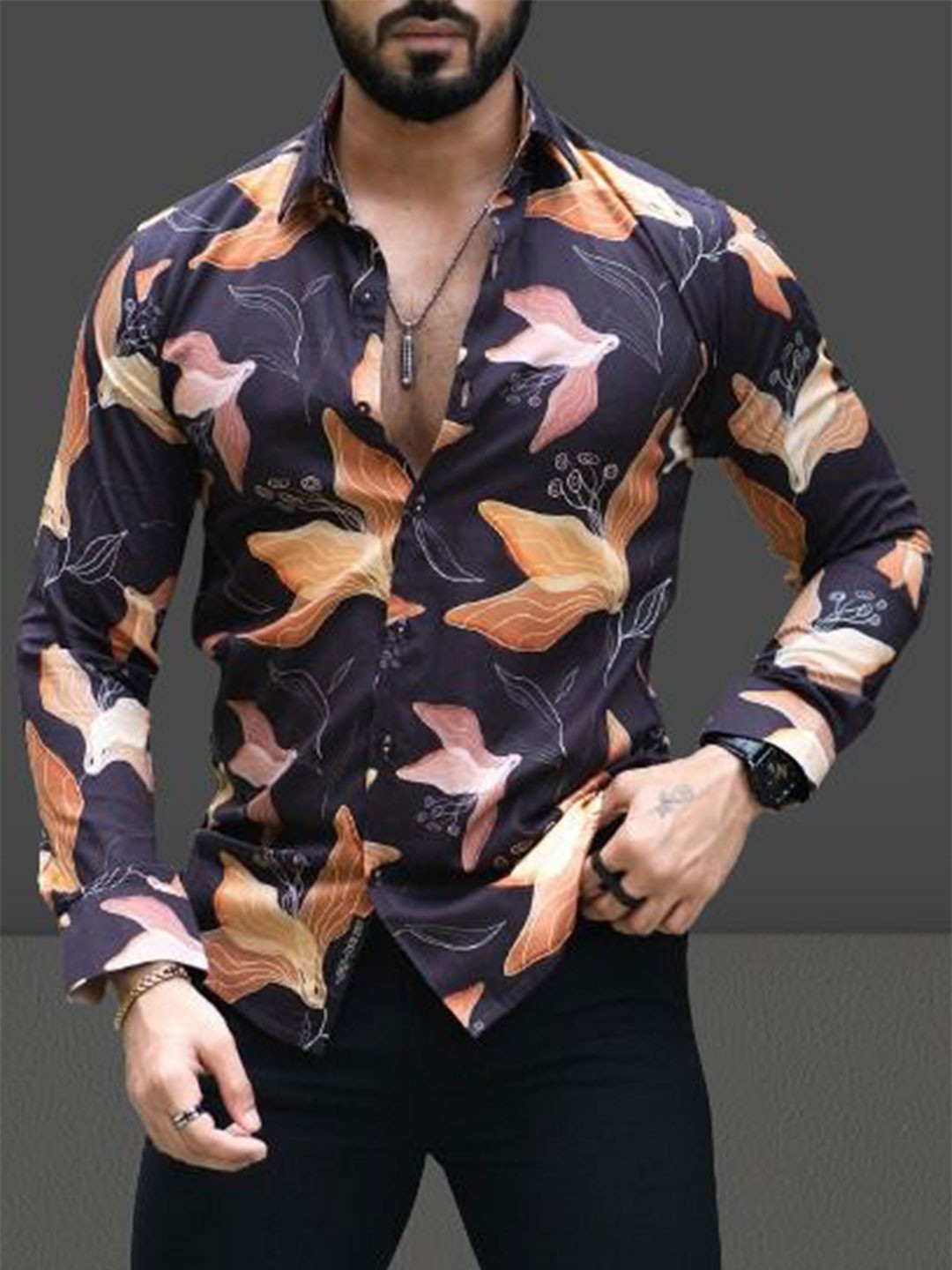 

Metronaut Men Regular Fit Spread Collar Floral Printed Elastane Casual Shirt, Navy blue
