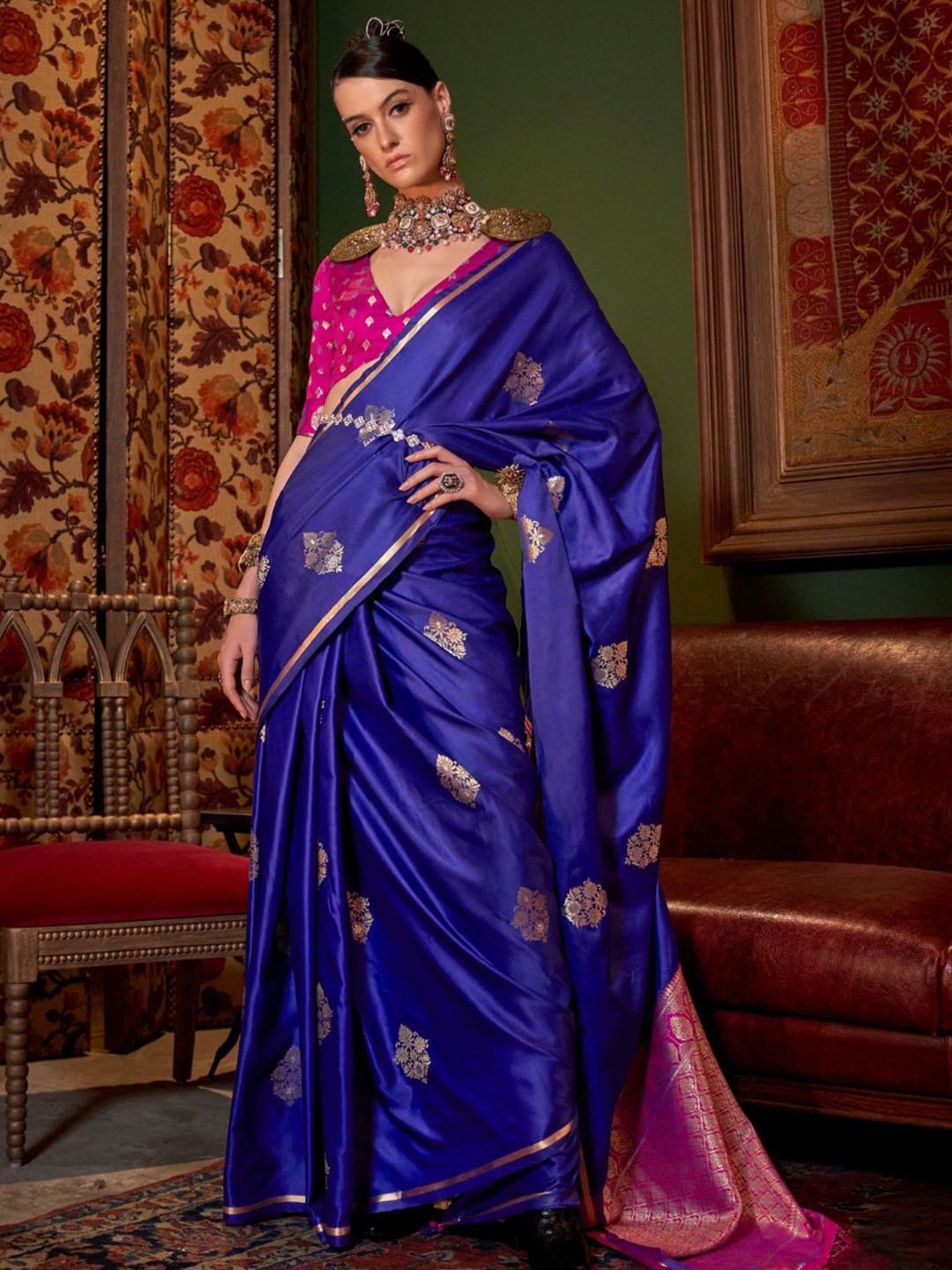 

DEVATITHI Woven Design Zari Silk Blend Saree, Blue