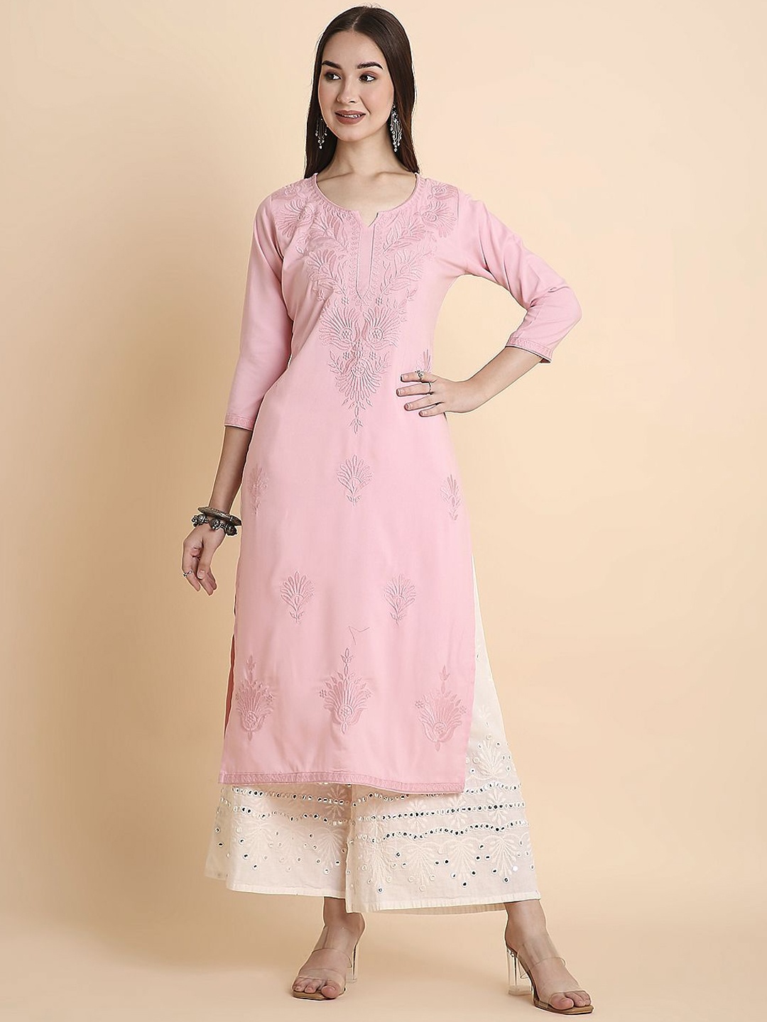 

RATAN Floral Embroidered Chikankari Notch Neck Straight Kurta, Pink