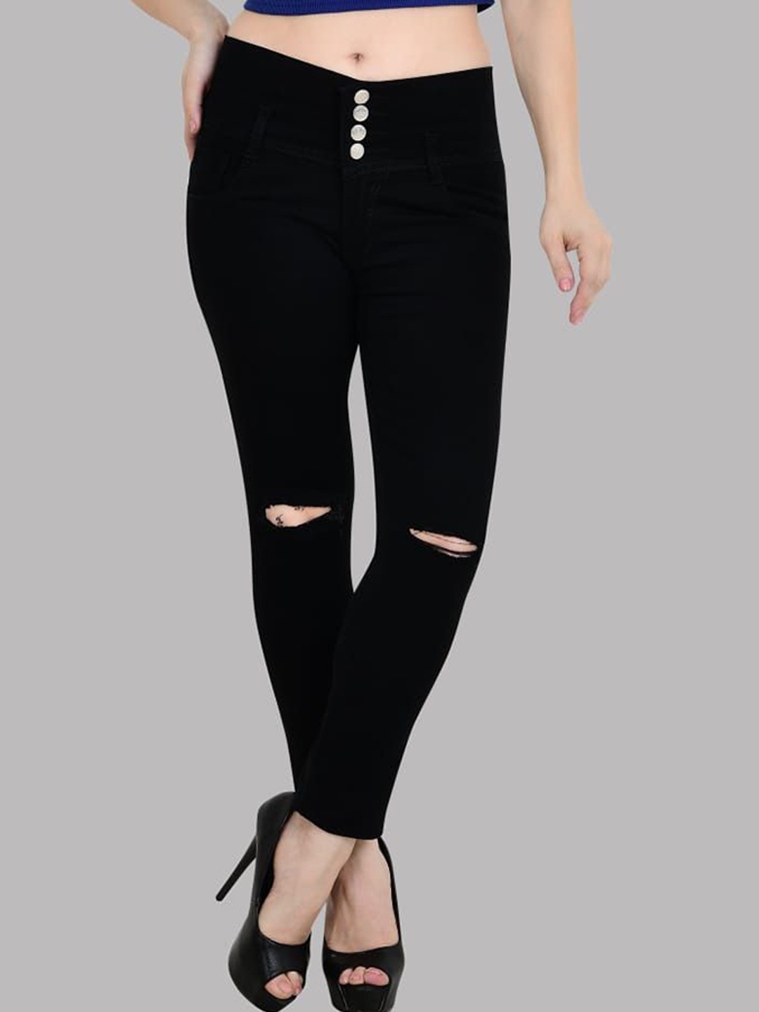 

LINARIA Women Cotton Regular Fit Mid-Rise Classic Slash Knee Jeans, Black