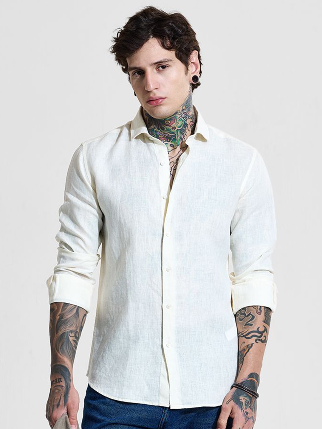 

Snitch Men Classic Slim Fit Spread Collar Solid Linen Casual Shirt, Cream