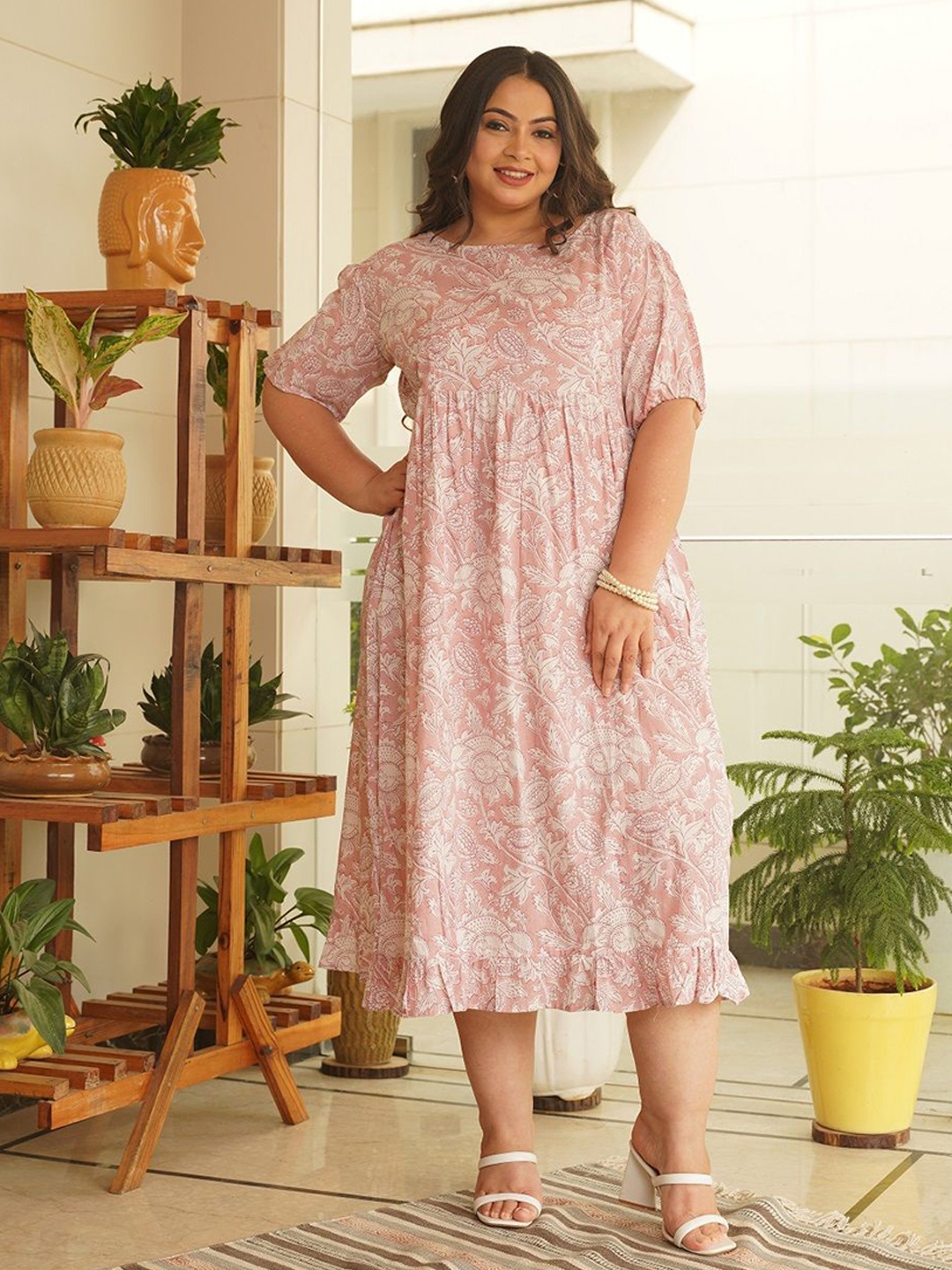 

NANGALIA RUCHIRA Women Pink Floral Printed Cotton Fit & Flare Midi Dress