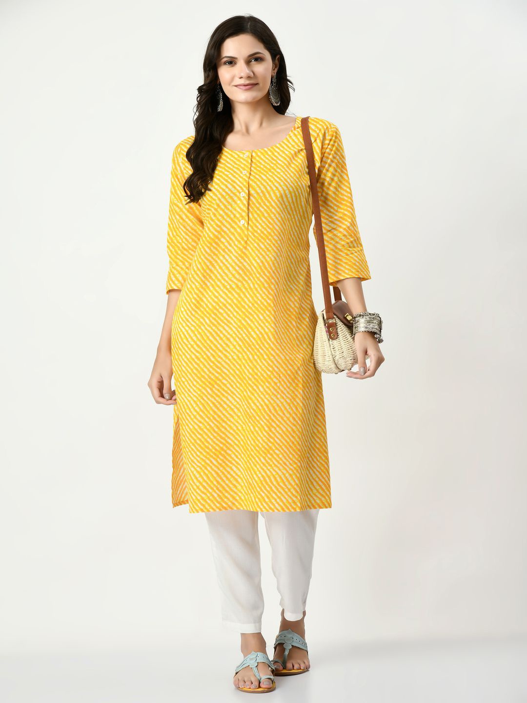 

MAURYA Leheriya Printed Round Neck Pure Cotton Straight Kurta, Yellow