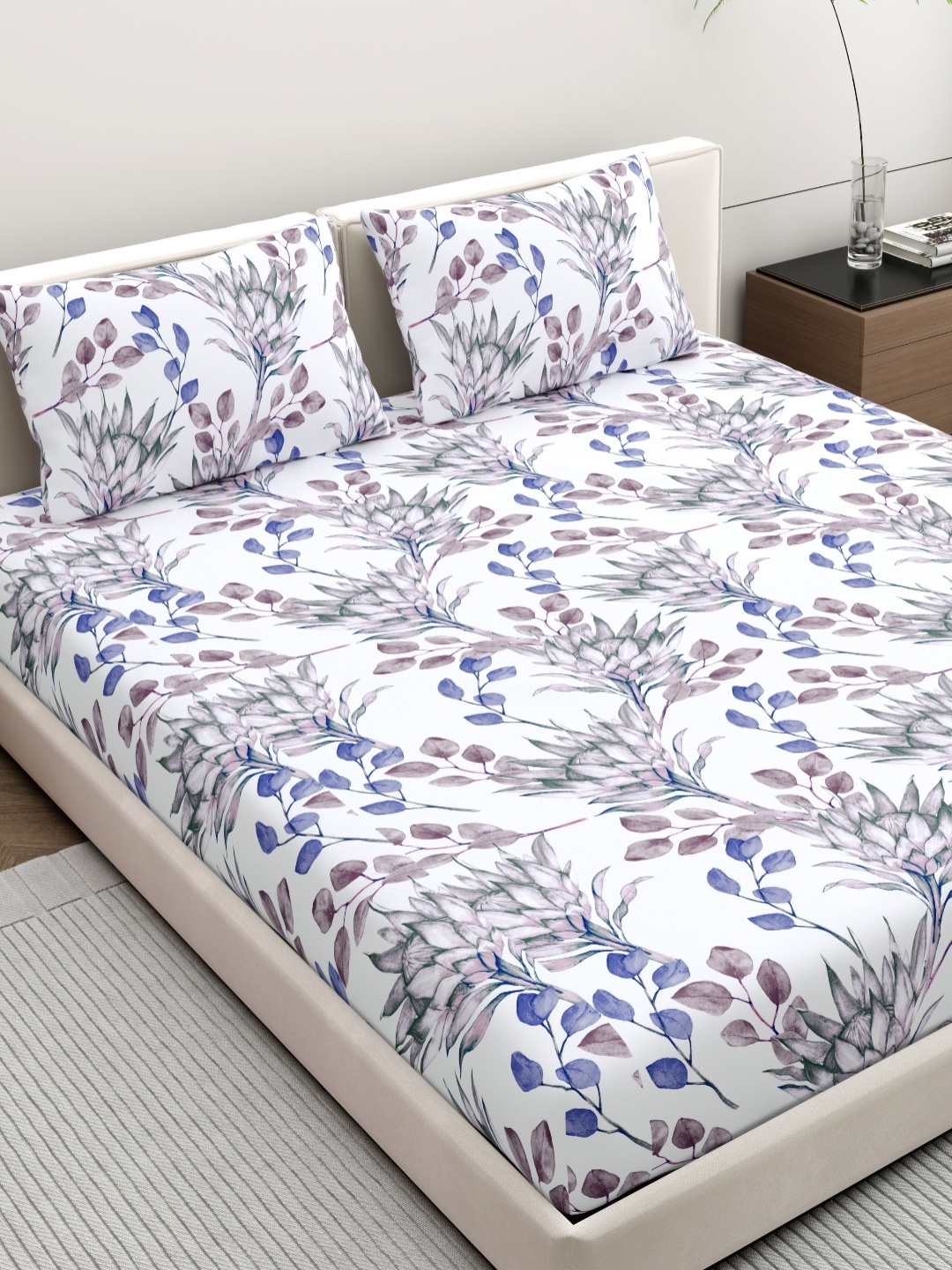 

Home Ecstasy Floral Printed Pure Cotton 140 TC Queen Bedsheet Set 2.39 x 2.20 m, Purple