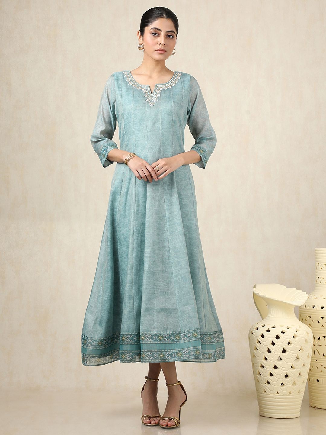

Soch Women Floral Printed A-Line Maxi Dress, Turquoise blue