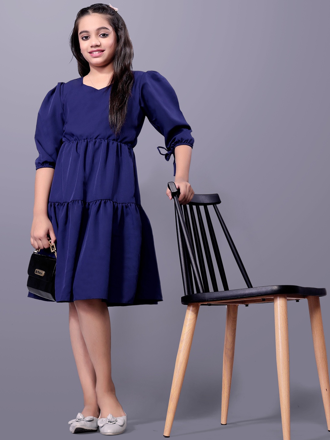 

Aarya Designer Women Bishop Sleeve Tiered Fit and Flare Midi Dress, Navy blue