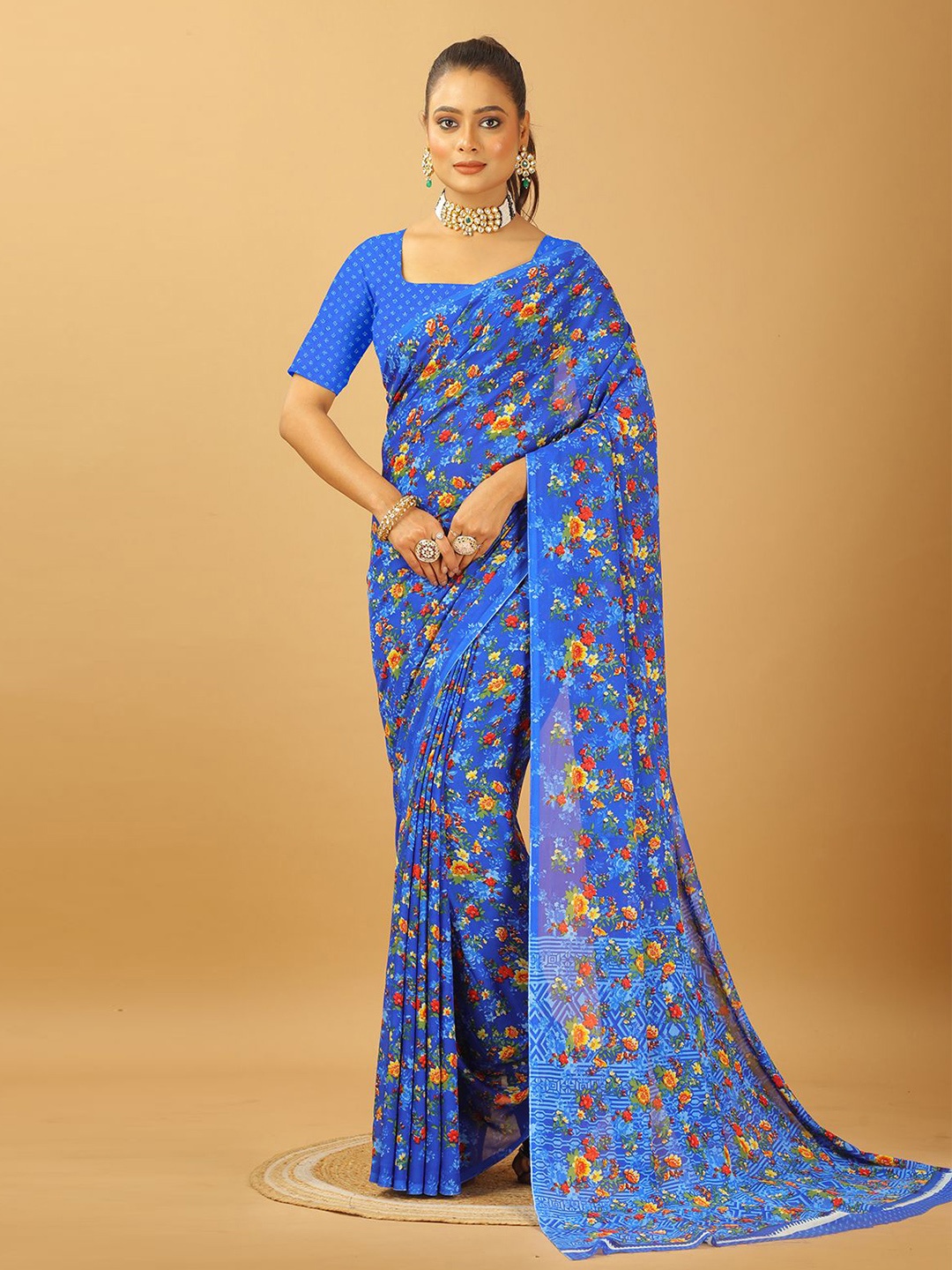 

VIRENDRA TEXTILES Floral Pure Georgette Saree, Blue