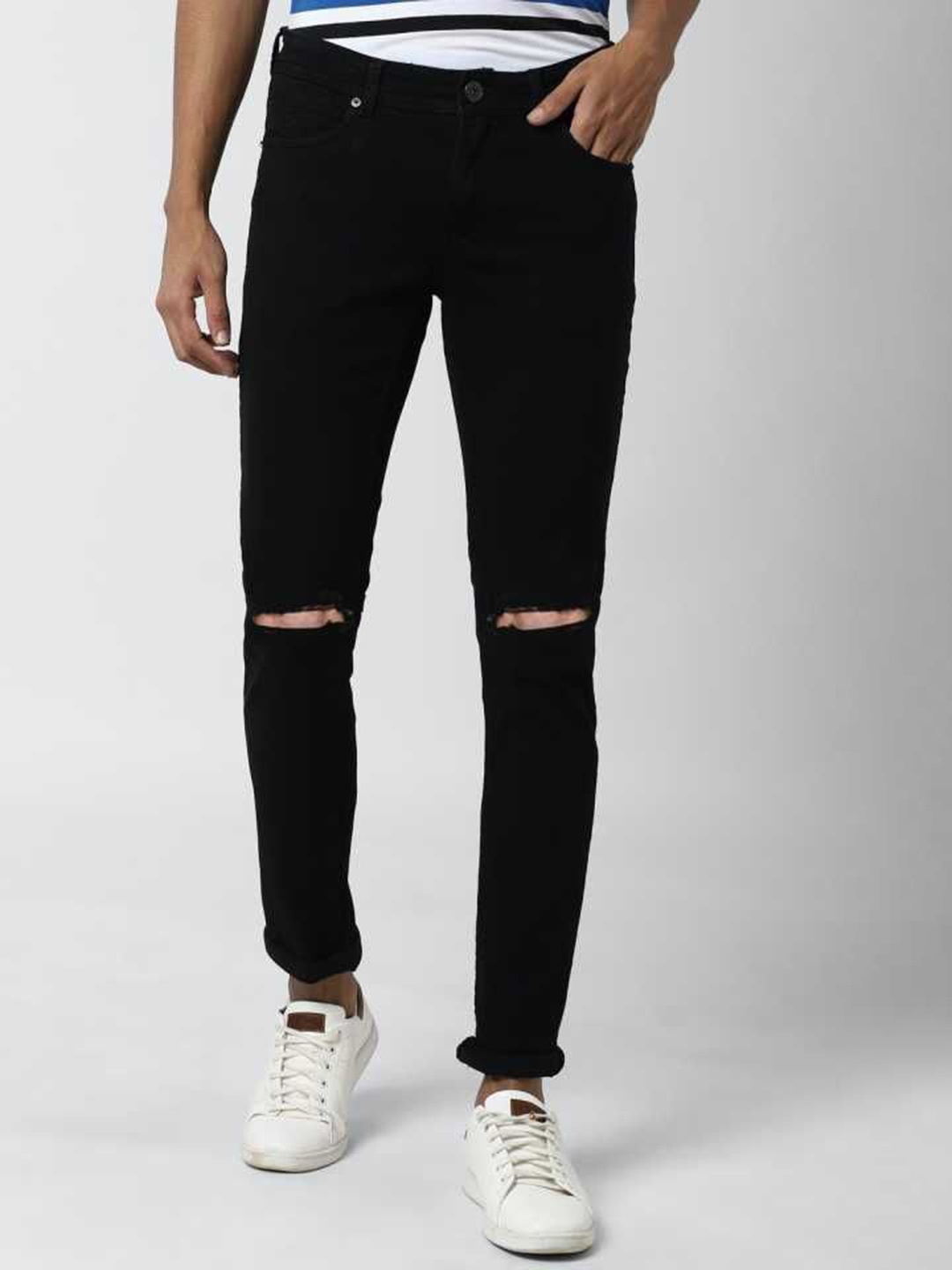 

Linaria Men Classic Slim Fit Mid-Rise Slash Knee Jeans, Black