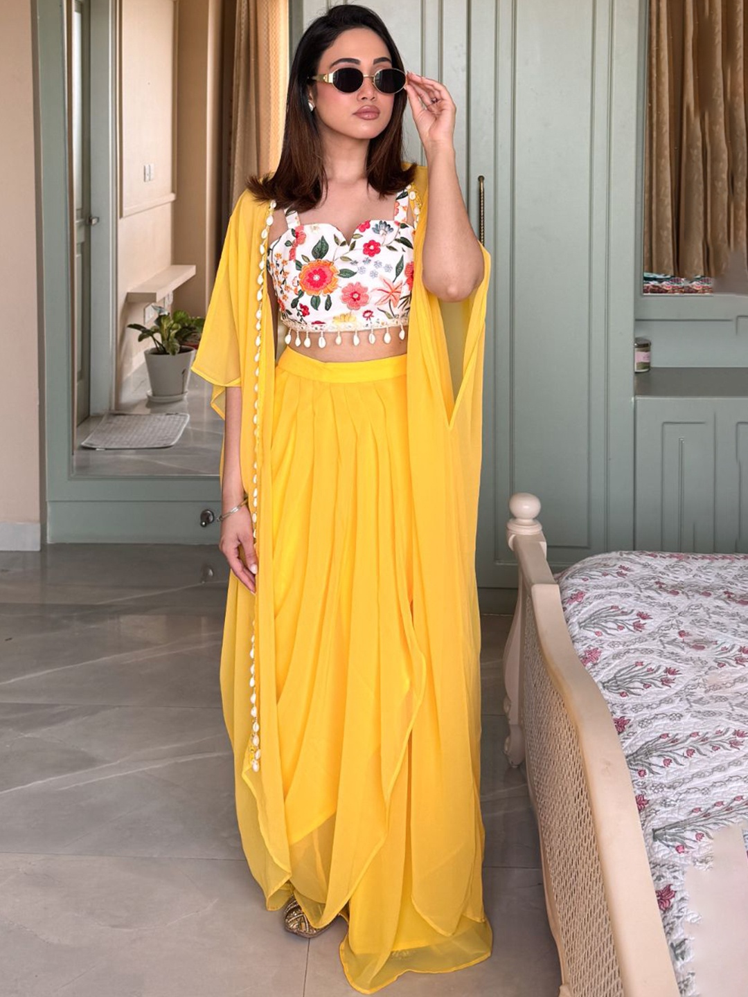 

LABEL KANUPRIYA Floral Embroidered Shoulder Straps Top & Sharara With Jacket, Yellow