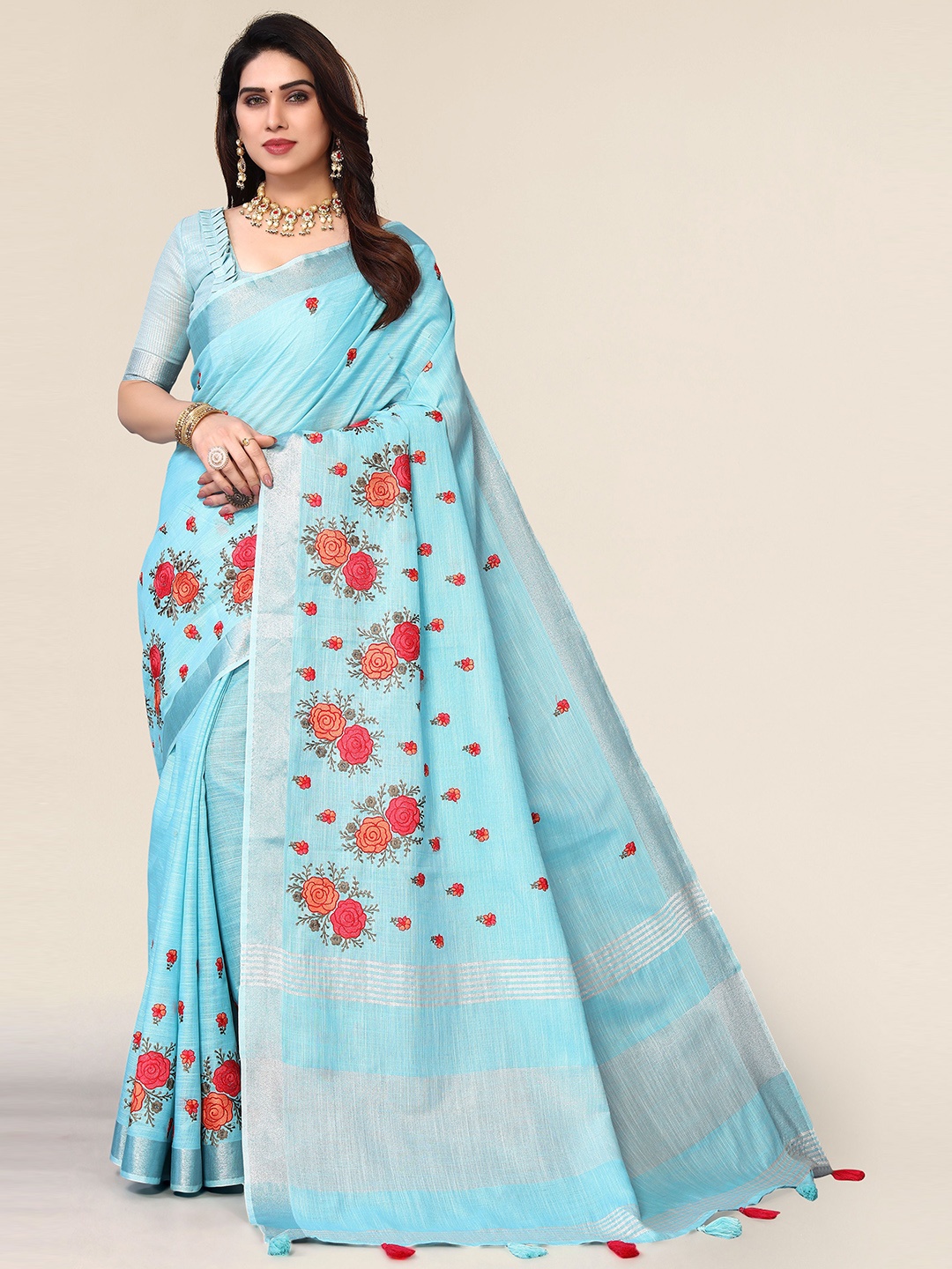 

VIRENDRA TEXTILES Woven Design Zari Pure Cotton Saree, Turquoise blue