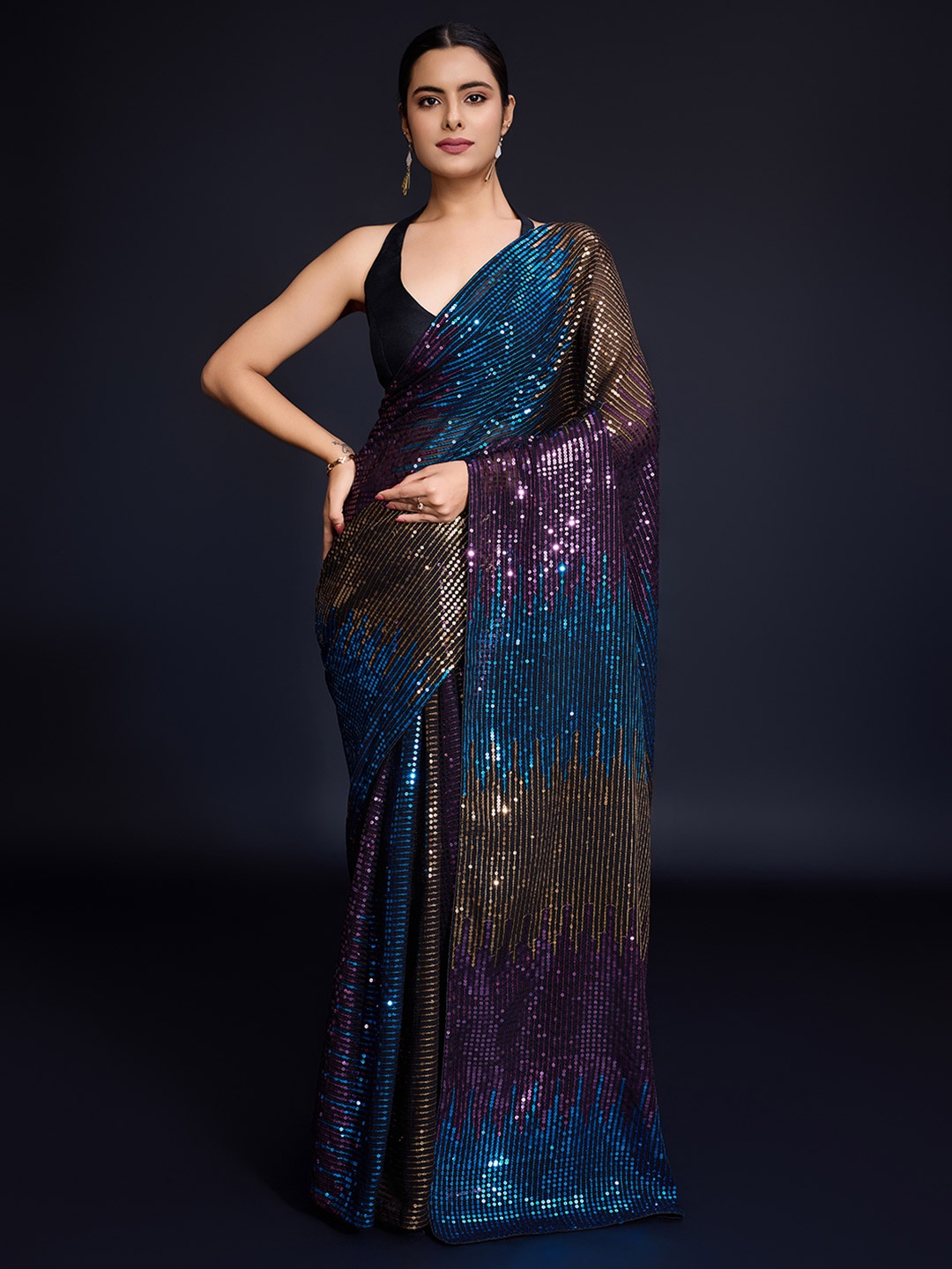 

THE52 Embellished Sequinned Georgette Saree With Blouse, Blue