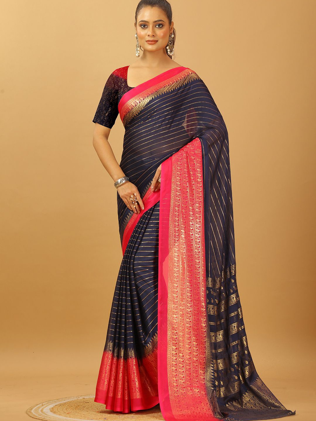 

VIRENDRA TEXTILES Striped Woven Design Pure Crepe Saree, Navy blue