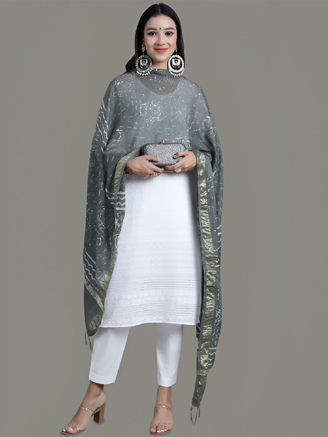 

LOOM LEGACY Floral Batik Printed Chanderi Dupatta, Grey