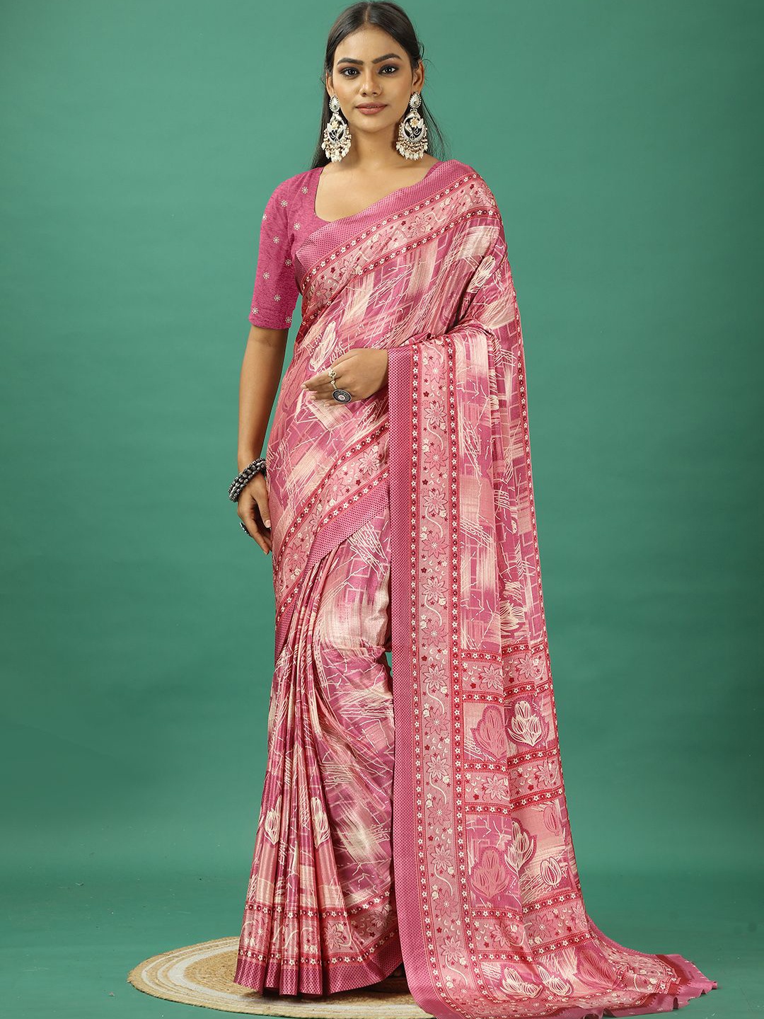 

VIRENDRA TEXTILES Ethnic Motifs Printed Pure Crepe Saree, Pink
