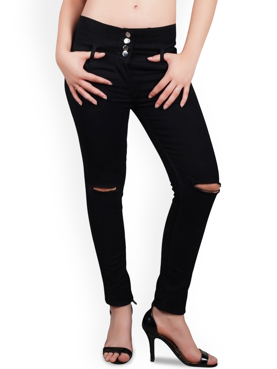 

LINARIA Women Classic Skinny Fit Slash Knee Jeans, Black