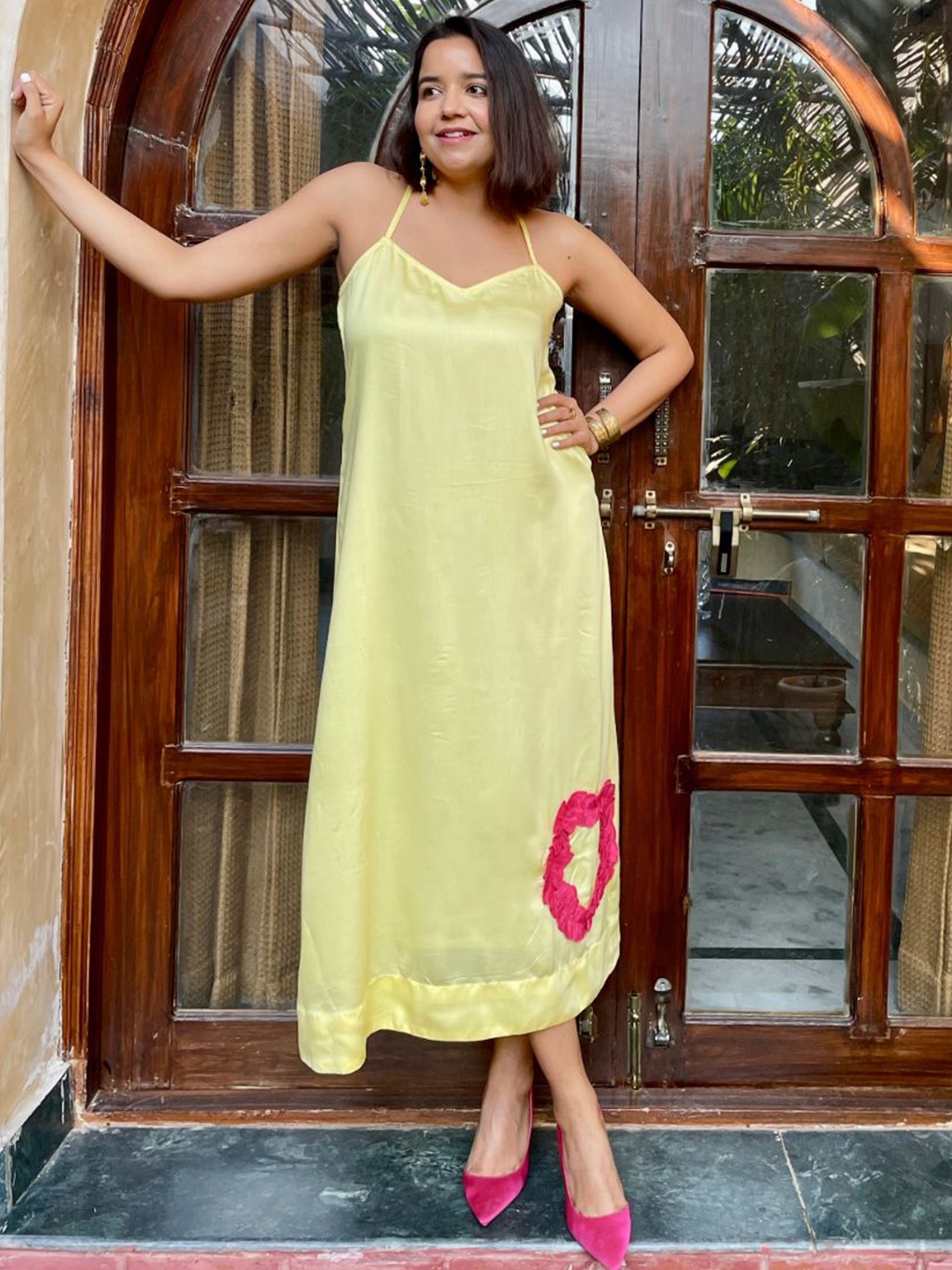 

Label Tanvee Women Shoulder Straps Satin A-Line Maxi Dress, Yellow