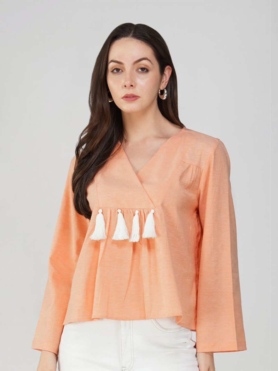 

Avor Lifestyle Women Flared Sleeves Cotton Crop Top, Orange